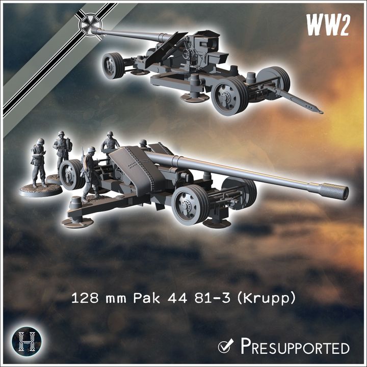 3D Printable 128 mm Pak 44 81/3 (Krupp) anti-tank gun (with 5